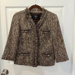 Talbots Womens Petite Brown Tweed Fringe Blazer Jacket Size 6P Academia‎ Preppy